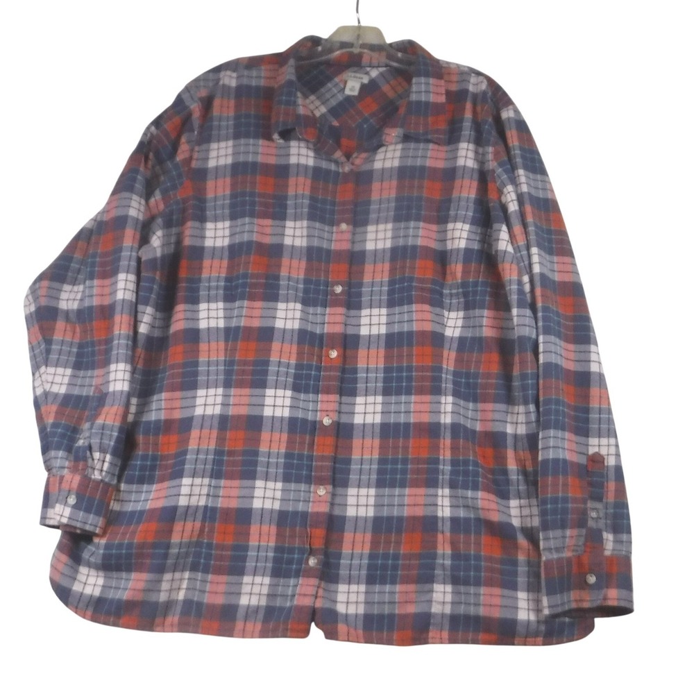 LL Bean Flannel Shirt Womens 3X Orange Blue Plaid Cotton Button Down 296833